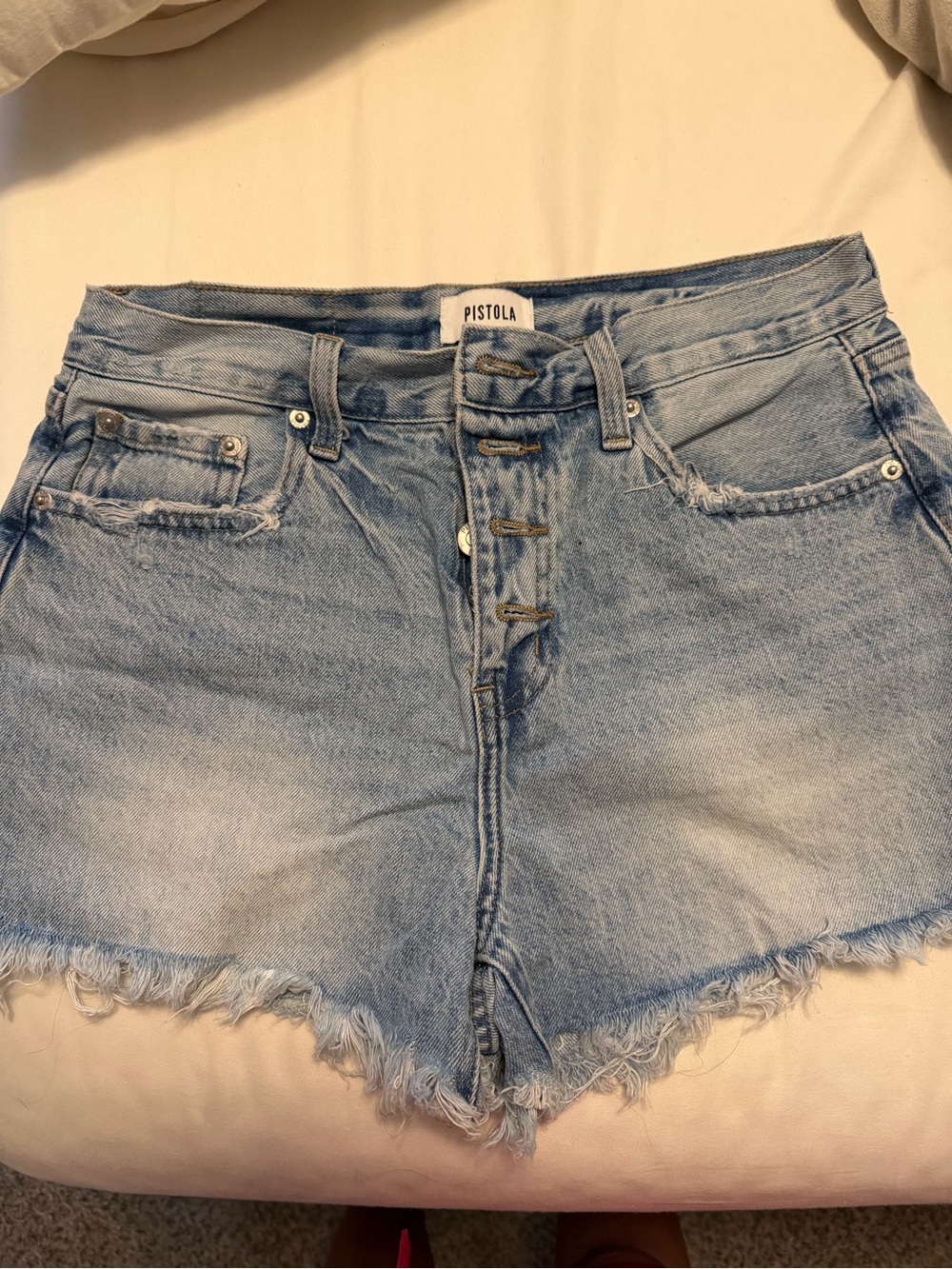 Pistola light blue mid-rise cutoff denim shorts